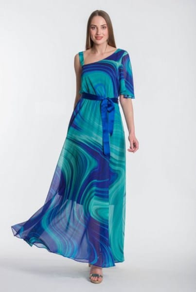 Maras Collection Μακρύ Φόρεμα από Ζορζέτα Εμπριμέ Μώβ-Μπλε-Βεραμάν